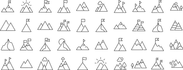 Collection of Signs of mountains as symbol of travel and hiking. Suitable for books, stores, shops. Editable stroke in minimalistic outline style. Symbol for design