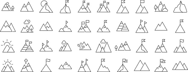 Collection of Line Icons of mountains as symbol of travel and hiking for Adverts. Suitable for books, stores, shops. Editable stroke in minimalistic outline style. Symbol for design