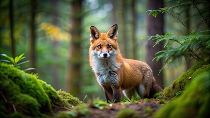 Photo of a majestic fox roaming through a dense forest setting , wildlife, nature, animal, wild, mammal