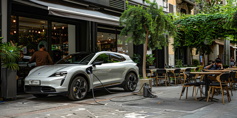 Fototapeta premium Electric Car Charging at a Cafe