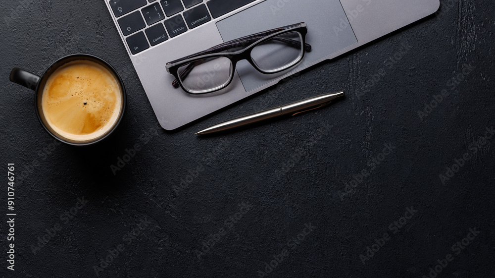 Canvas Prints office desk table with laptop, cup of coffee and supplies