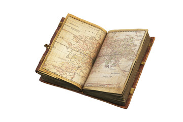 An antique open book displaying vintage maps with intricate details. Ideal for historical studies, cartography enthusiasts, and educational use.