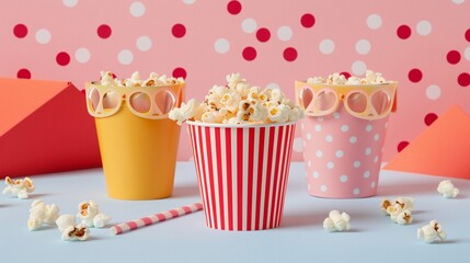 Popcorn in paper cups on a blue pink background with polka dots.