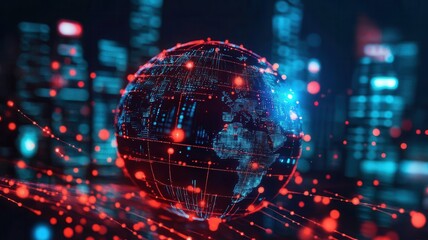Illustration of a globe with digital connections, global marketing strategy, interconnected economy