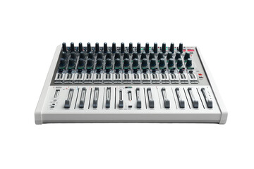 Naklejka premium Close-up image of a professional electronic music synthesizer and mixer with knobs and sliders for sound production and audio technology.