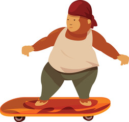 Cool monkey wearing bandana is skateboarding on orange skateboard