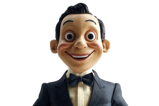Close-up view of a smiling ventriloquist dummy in a formal suit and bow tie, isolated on a transparent background.