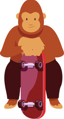 Large gorilla is sitting down holding a skateboard in an urban environment