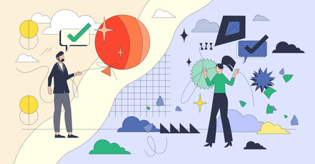 Personality differences and characteristics tiny person neubrutalism concept. Different individuality with unique mindset types vector illustration. Opposite person psychological expression profiles.