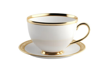 Elegant white ceramic teacup with golden rim and matching saucer, perfect for a luxurious tea experience or sophisticated home decor.