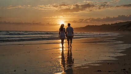 Naklejka premium A couple walking on the beach at sunset, surrounded by warm sand and the sound of waves.