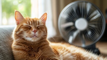Domestic cat sitting in front of fan on living room during summer heat