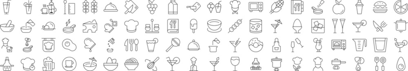 Collection of Icons of cooking, food, drinks, kitchen. Suitable for books, stores, shops. Editable stroke in minimalistic outline style. Symbol for design