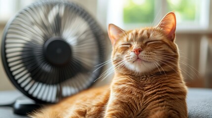 Domestic cat sitting in front of fan on living room during summer heat