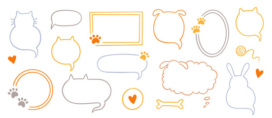 Cat dog pet frame, speech bubble cute set. Hand drawn sketch doodle line style animal pet frame design. Cat, dog paw cute talk speech bubble design. Puppy round footprint badge. Vector illustration.