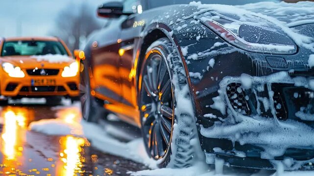 Detailed shots of  cars being washed, soapy suds and reflective surfaces.