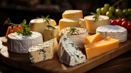 Assortment of Cheeses on Wooden Board