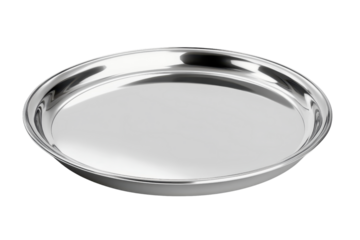 Shiny stainless steel round tray with reflective surface, useful for serving food or as a decorative centerpiece in various settings.