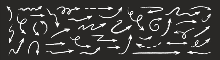 Arrow crayon brush doodle chalk line stroke. Sketch pencil texture line scribble arrow icon. Hand drawn grunge crayon brush sketch direction element on chalkboard. Vector illustration