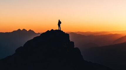 A dramatic silhouette of a person standing on a mountain peak at sunset