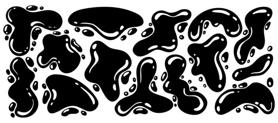 Abstract blob shapes. Organic liquid random wavy forms. Irregular fluid black spots and bubbles. Vector glossy elements. Trendy drops silhouettes. Modern Y2K swirl amoeba splotch.