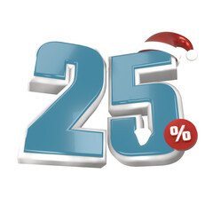 3d blue 25 percent discount christmas with santa claus hat and snow flakes