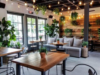 An urban brunch spot with a cozy feel, inviting decor, and friendly service, set in a bustling city atmosphere.