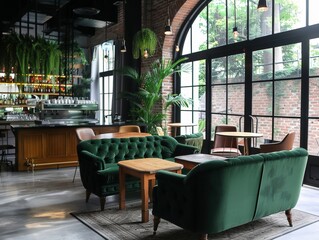 An urban brunch spot with a cozy feel, inviting decor, and friendly service, set in a bustling city atmosphere.