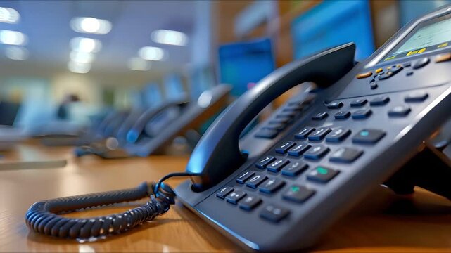 A close-up shot of a black office phone on a desk in an office. The phone receiver is lifted off the hook, implying a call in progress.