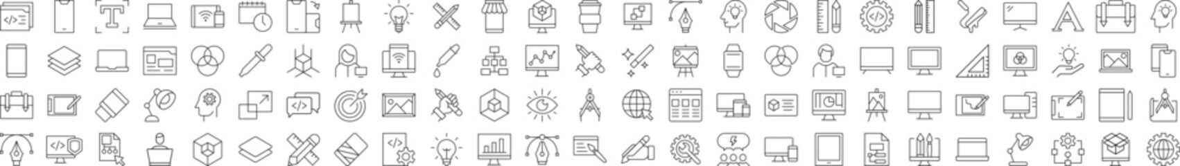 Line Signs of programming, coding, web design, engineering for Adverts. Suitable for books, stores, shops. Editable stroke in minimalistic outline style. Symbol for design