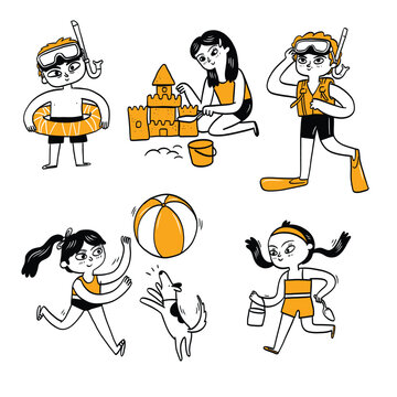 Kids Playing at the Beach - Summer Vacation Illustrations