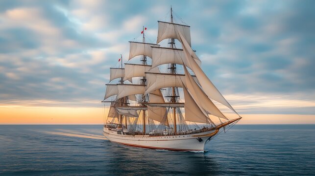 Historic clipper ship with full sails on the open sea, more clarity with clear light and sharp focus, super detailed