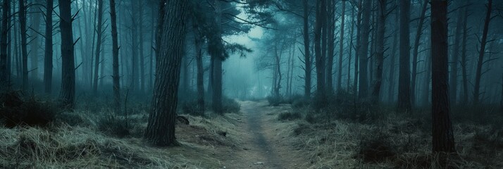 Obraz premium An atmospheric image of a forest path enveloped in fog, creating a mysterious and hauntingly serene ambiance perfect for solitary reflection.