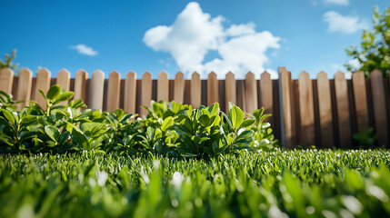 Fototapeta premium A spring residential backyard garden, photorealistic, with grass in the foreground, a wooden fence with green plants in front of it, blue sky with a few soft clouds