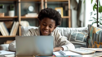 Portrait of teenage black boy using laptop computer at home. A teenage boy attending to online school class