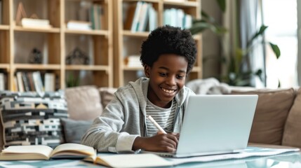 Portrait of teenage black boy using laptop computer at home. A teenage boy attending to online school class