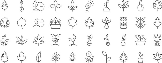 Collection of Line Icons of leaves, gardening, nature for Adverts. Suitable for books, stores, shops. Editable stroke in minimalistic outline style. Symbol for design