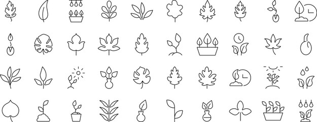 Collection of Signs of leaves, gardening, nature. Suitable for books, stores, shops. Editable stroke in minimalistic outline style. Symbol for design