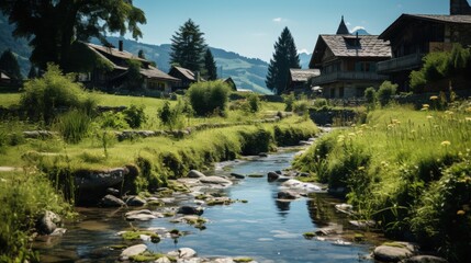 Fototapeta premium Tranquil Creek Through a Picturesque Swiss Village
