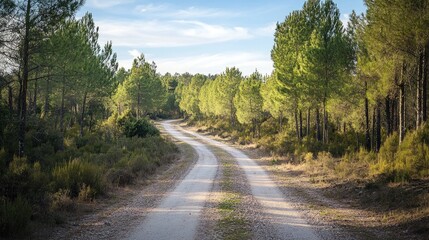 Obraz premium Winding Dirt Road Through a Lush Pine Forest