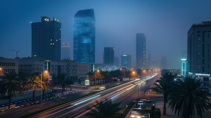 Fototapeta premium Cityscape with Skyscrapers and Palm Trees at Dusk