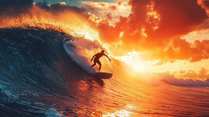 Professional surfer riding a massive wave at sunset