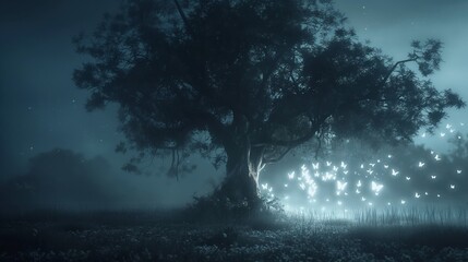 Creepy tree in the foggy night, cover by white light