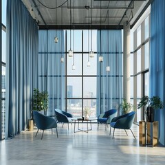 Bright co-working office interior with panoramic window and city view, blue curtains, furniture and decorative items.