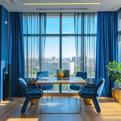 Bright co-working office interior with panoramic window and city view, blue curtains, furniture and decorative items.