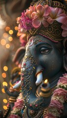 Fototapeta premium Decorated Ganesha Statue with Flowers and Lights