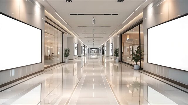 Empty modern shopping mall corridor with blank advertising space.
