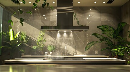 Create a realistic photo depicting a modern, stunning kitchen in a home. Show a stylish hood vent and extractor fan above the cooker.