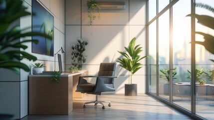 Modern office suitable for meetings. Light-filled modern office space features a comfortable armchair for a lounge-like atmosphere