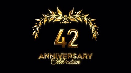 42nd Anniversary Celebration. Happy 42 Years Anniversary Animation in Gold Color on the Transparent Background, Alpha Channel. Great for greetings, celebrations, events, and gifts.